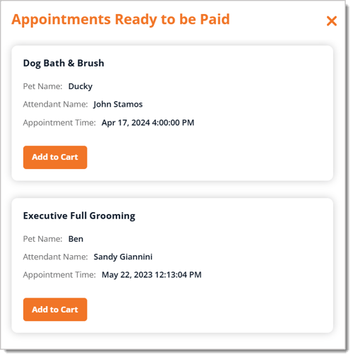 Image of example appointments that are ready to be paid in the eTailPet New Sale screen.