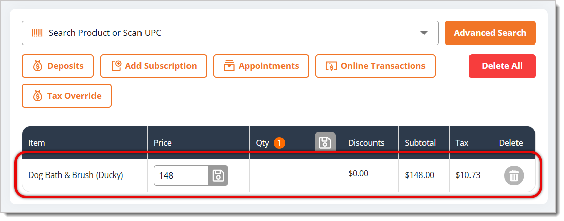 Image of an example appointment that's been added to a transaction in the eTailPet New Sale screen.