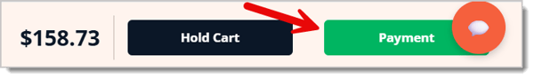 Image of an arrow pointing at the Payment button in the eTailPet New Sale screen.