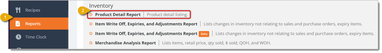 Image highlighting the Reports selection in the main menu and the Product Detail Report option.