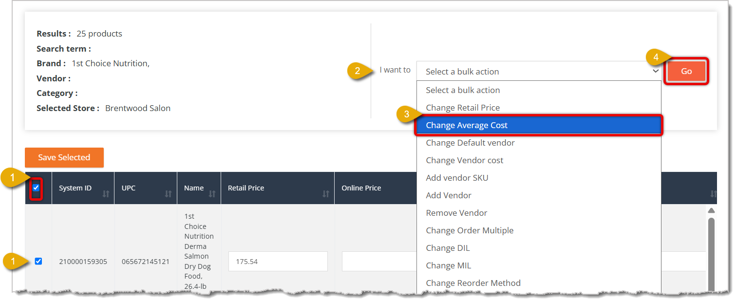 Image highlighting the functions to apply the change average cost bulk action in Product Manager.