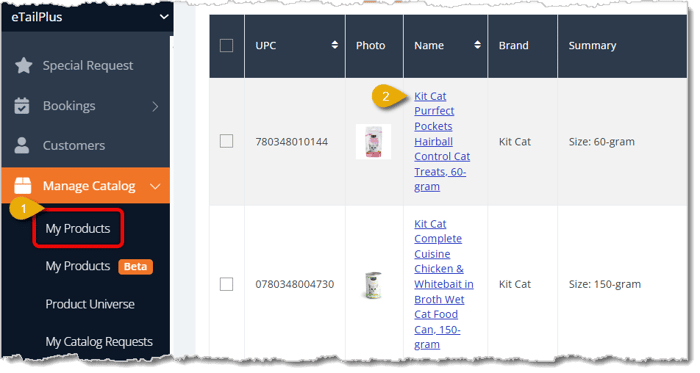 Image highlighting the My Products selection in the main menu and a Product Name a user can click on.