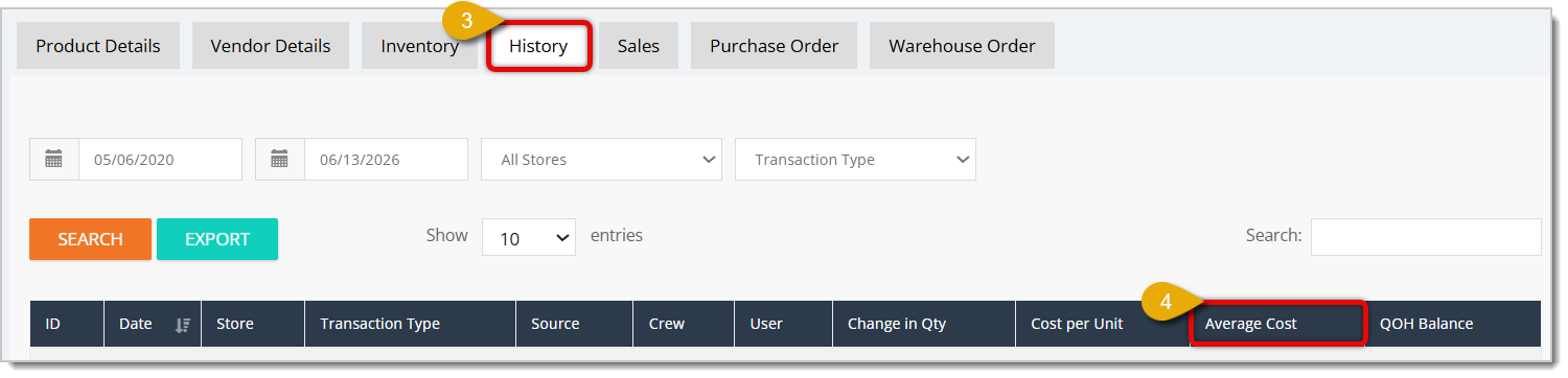 Image highlighting the History tab and the appropriate columns in the table.