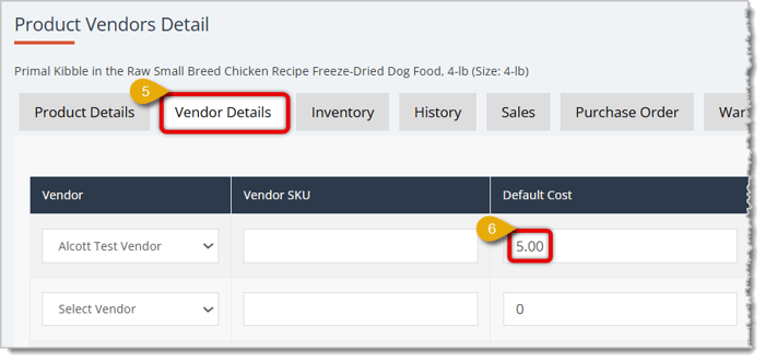 Image highlighting the Vendor Details tab and the Default Cost of a product.