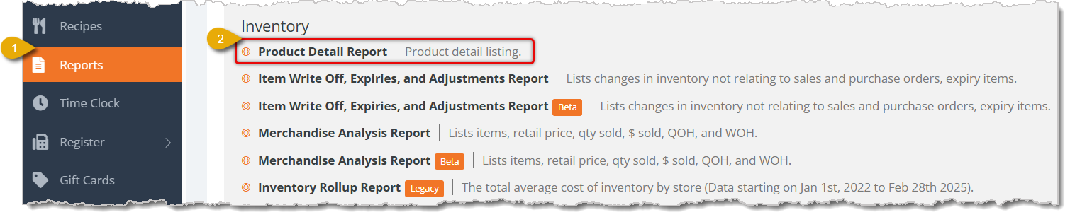 Image highlighting the Reports selection in the eTailPet main menu and the Product Detail Report selection in Reports.