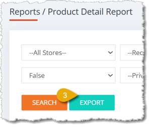 Image highlighting the Export button in the Product Detail Report.