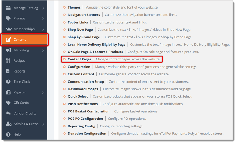 Image highlighting the Content selection in the eTailPet main menu and the Content Pages in the area.