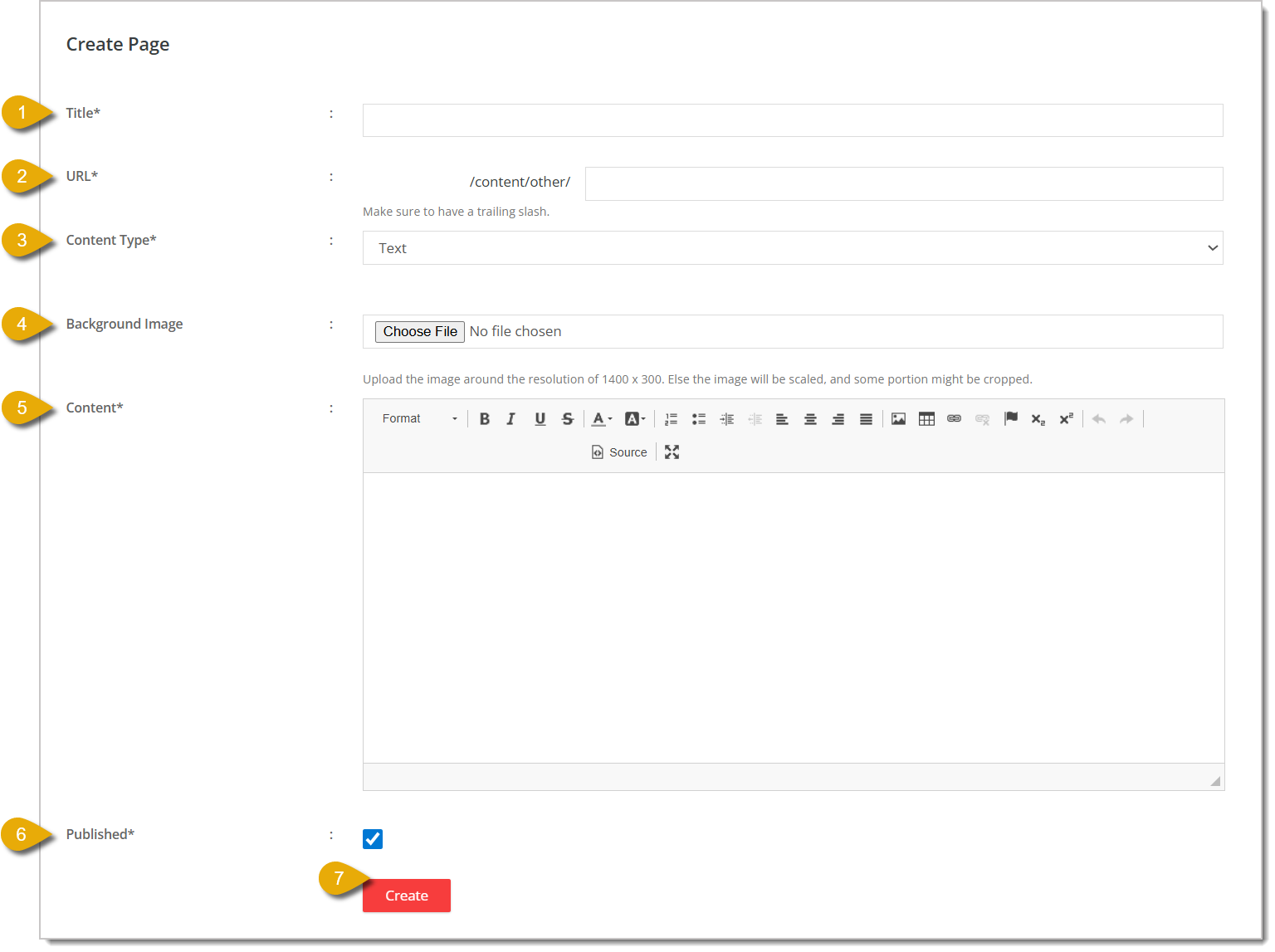 Image of the Create Page menu in the Content Pages area.