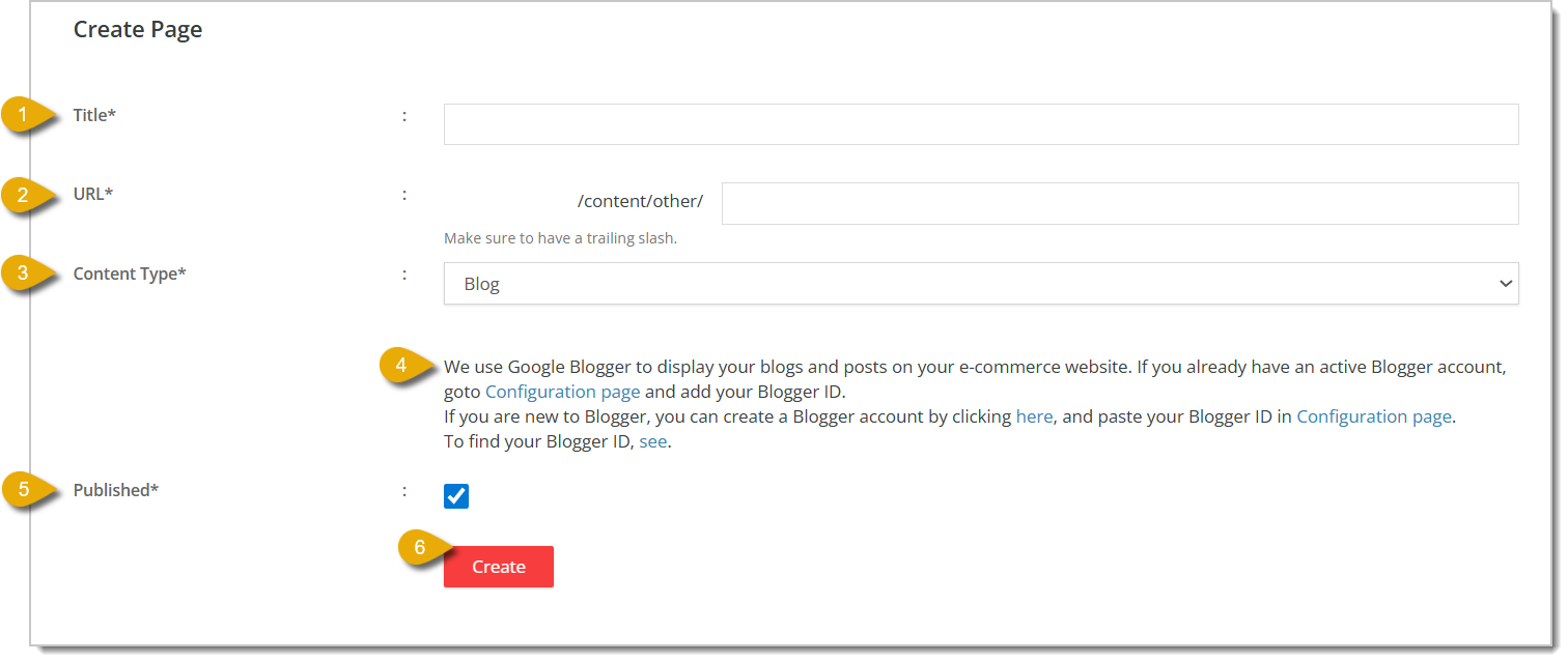 Image of the Create Page area if you choose Blog as the Content Type.