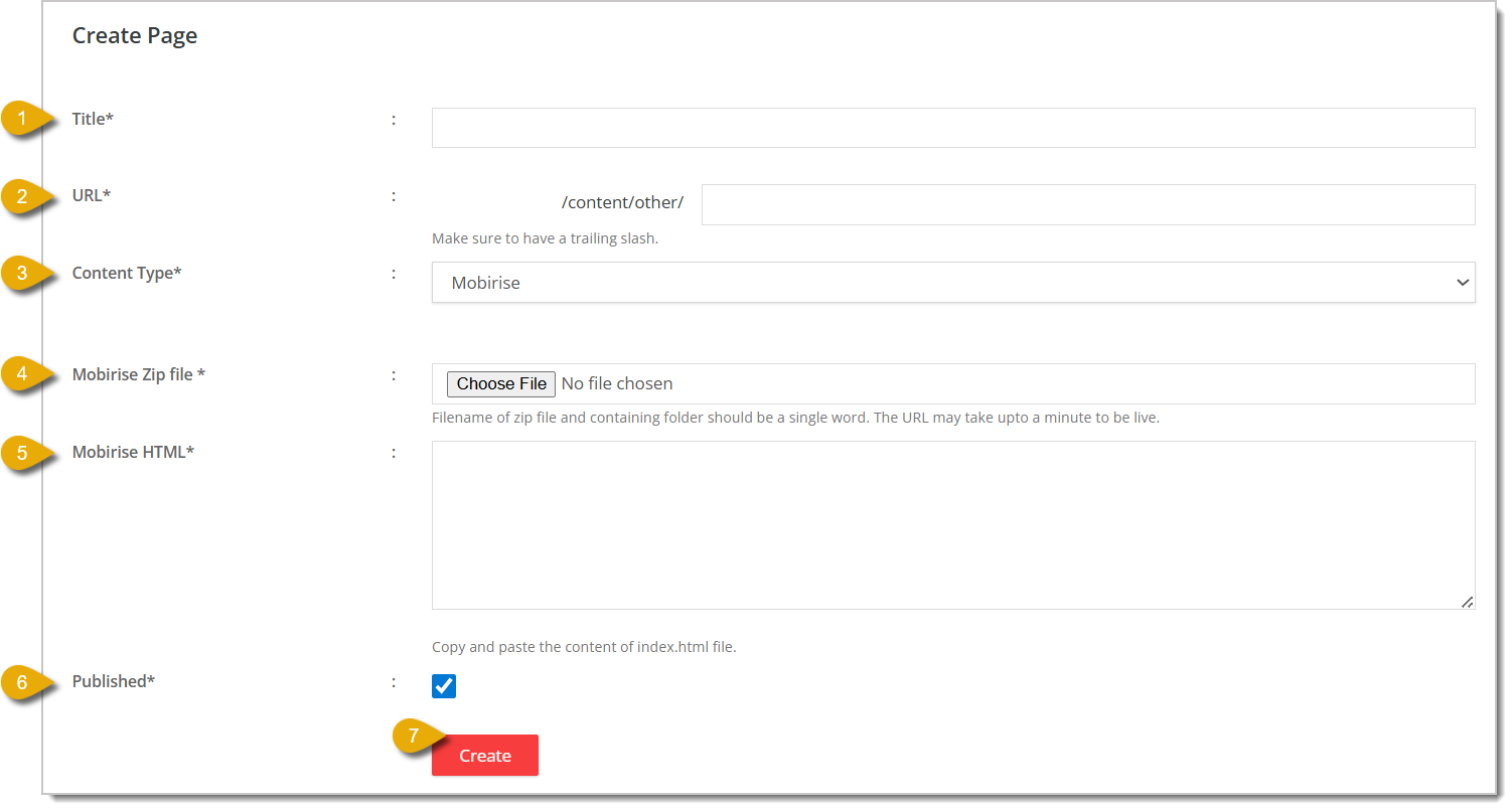 Image of the Mobirise Content Page customization area.