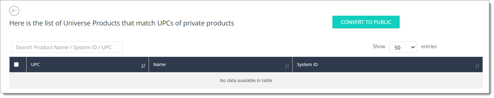 Image of the table that shows a list of products in the Product Universe that match the UPCs of private products in a catalog.