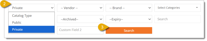 Image of the Private selection in the Catalog Type filter and the Search button.
