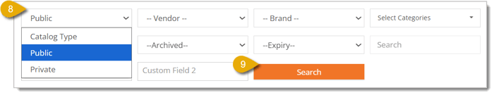Image of the Public selection in the Catalog Type filter and the Search button.