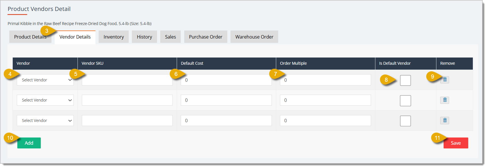 Image highlighting steps and functions for editing Vendor Details of an item.