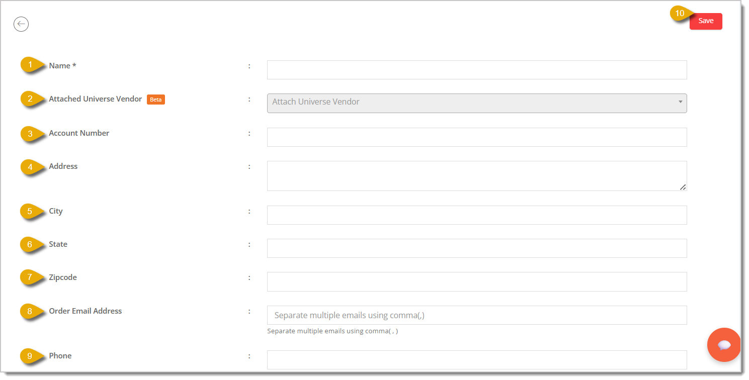 Image with numbers 1 to 10 highlighting each function in the Add Vendor form.