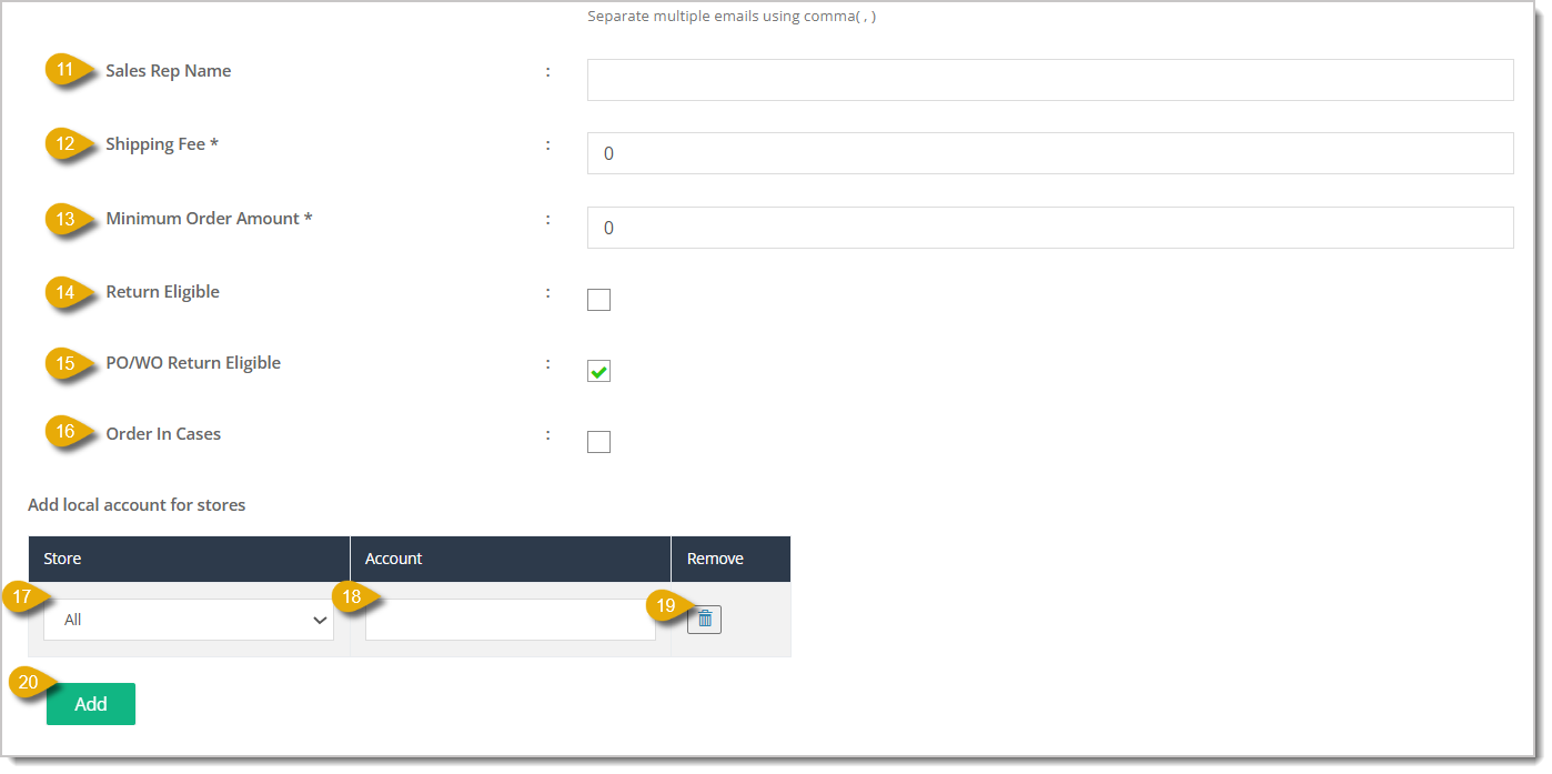 Image with numbers 11-20 highlighting each function in the Add Vendor form.