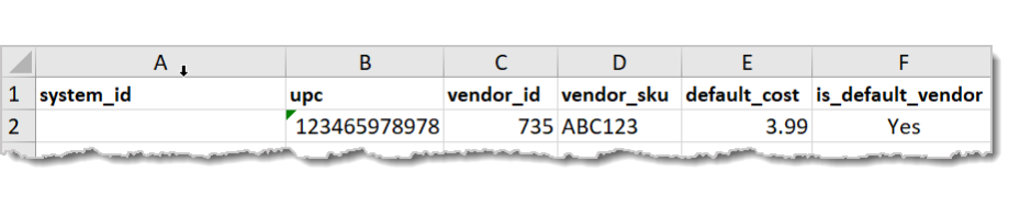 Image of an example Import template in Microsoft Excel.