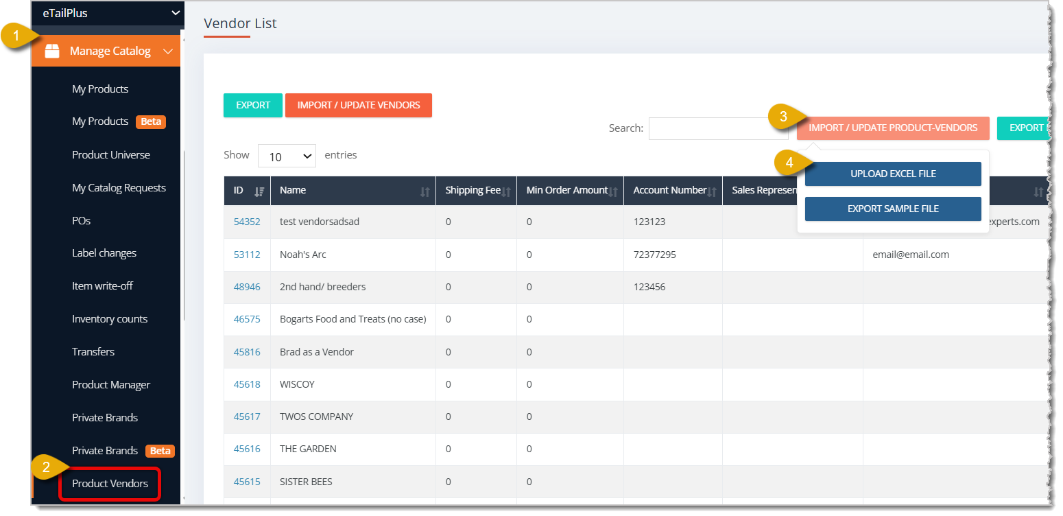 Image with numbers highlighting steps to importing the Vendor template file.