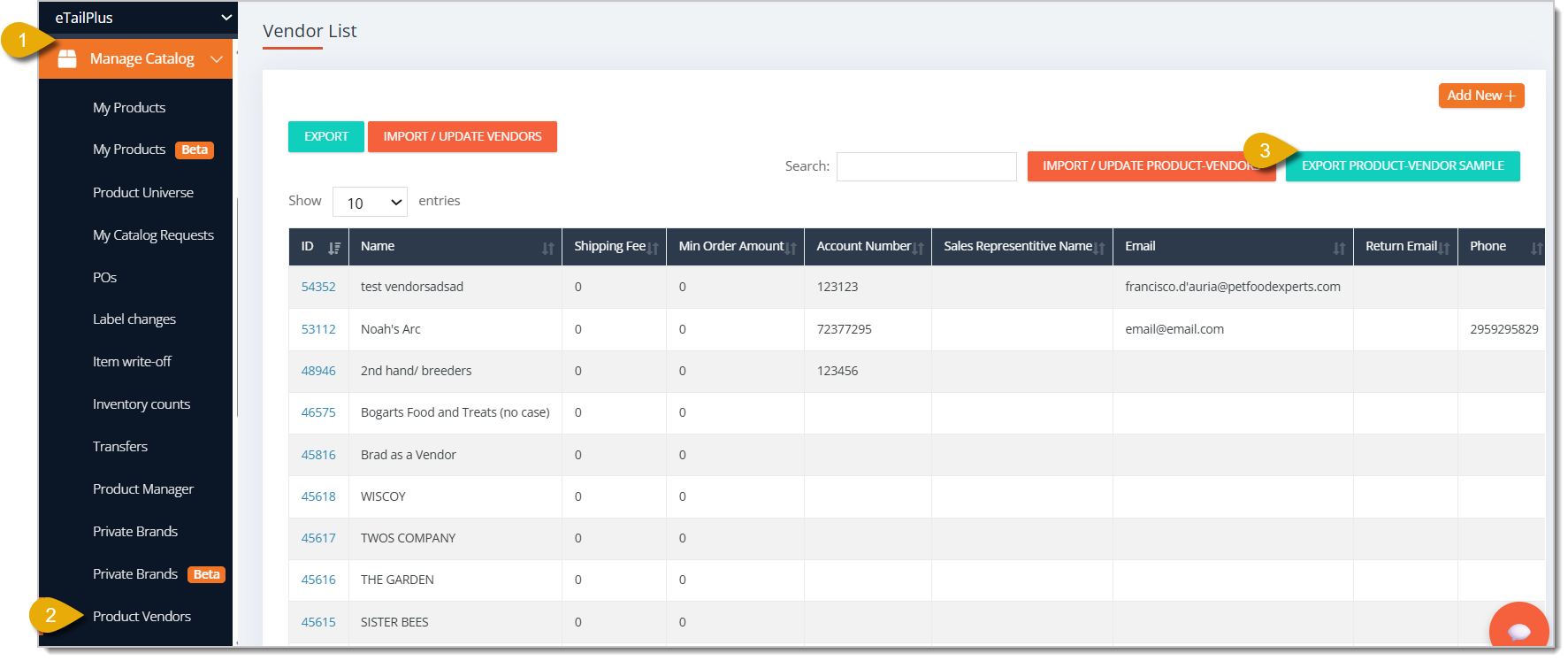 Image with numbers highlighting how to Export a Vendor File Sample in the eTailPet system.
