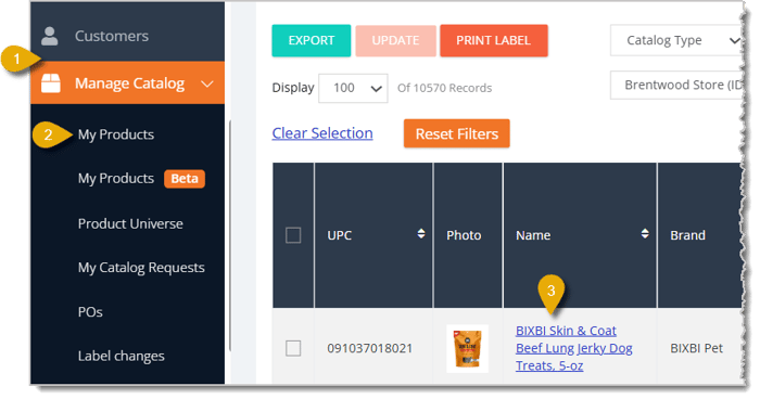Image with numbers 1 to 3 highlighting steps to open a Product's details.