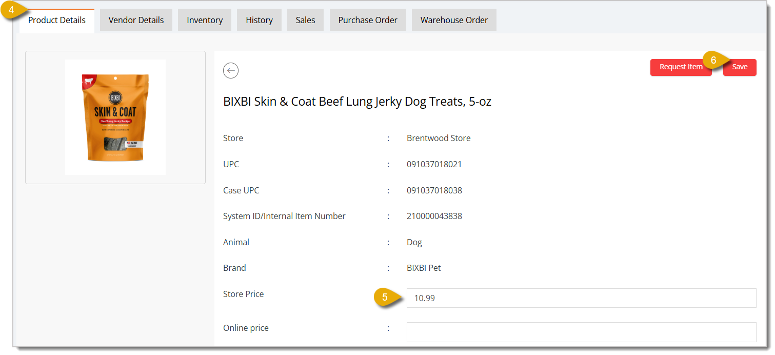 Image with numbers 4 to 6 highlighting how to edit the retail price of an item.