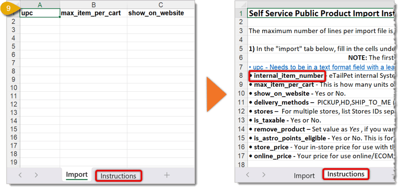 Image highlighting steps to replace the UPC column with internal_item_number in Microsoft Excel.