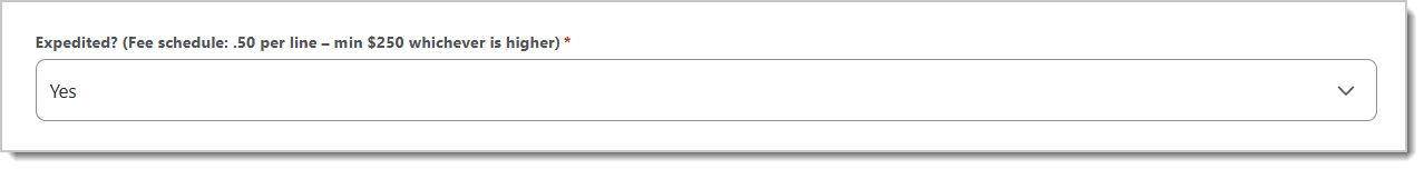 Image showing Yes selected under the Expedited field for a Catalog Request.