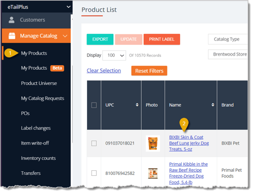 Image highlighting the My Products selection in the main menu and an item's Name.