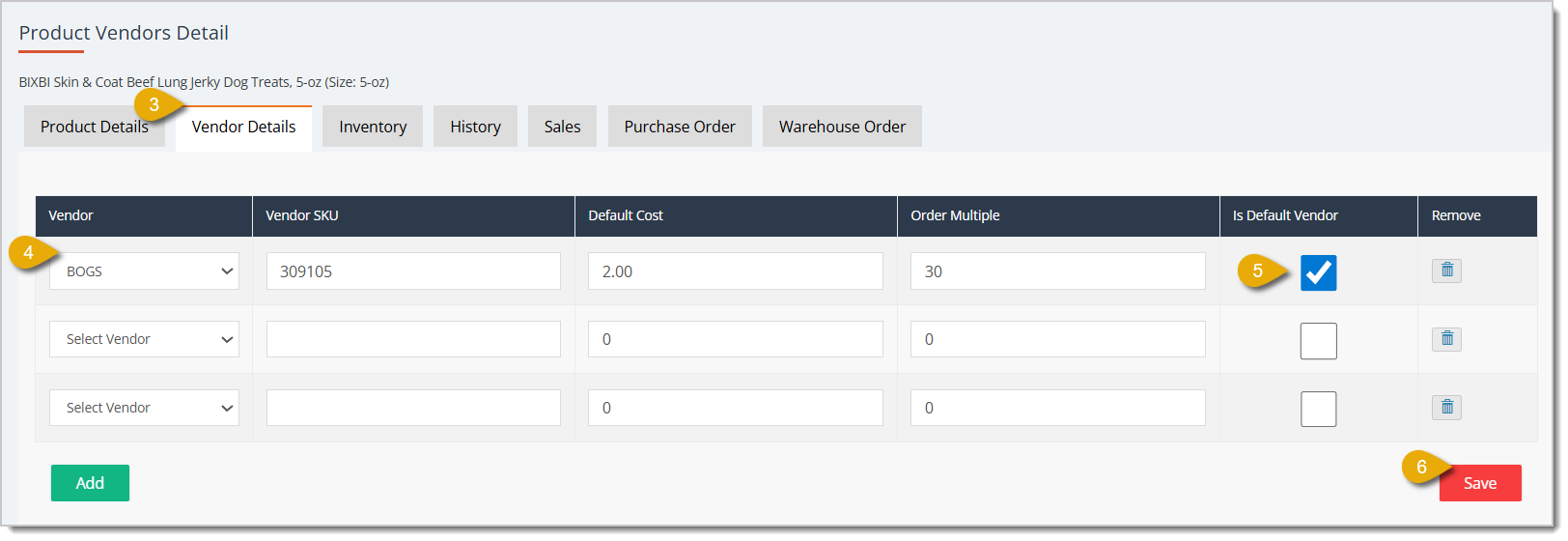 Image with numbers 3 to 6 highlighting steps to mark a Vendor as a Default Vendor.