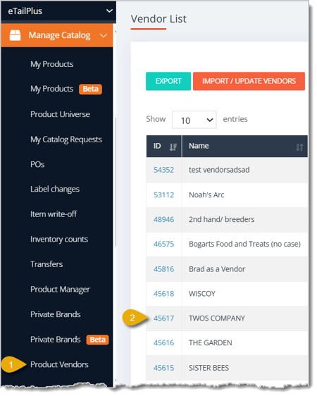 Image with numbers 1 and 2 highlighting how to open full details for a Vendor.