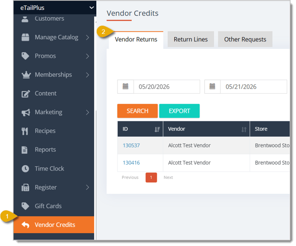 Image highlighting how to access the batched Vendor Returns.