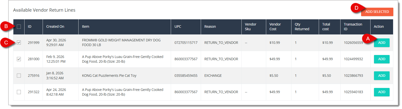 Image highlighting the functions of the Available Vendor Return Lines page with numbers 4 to 7.