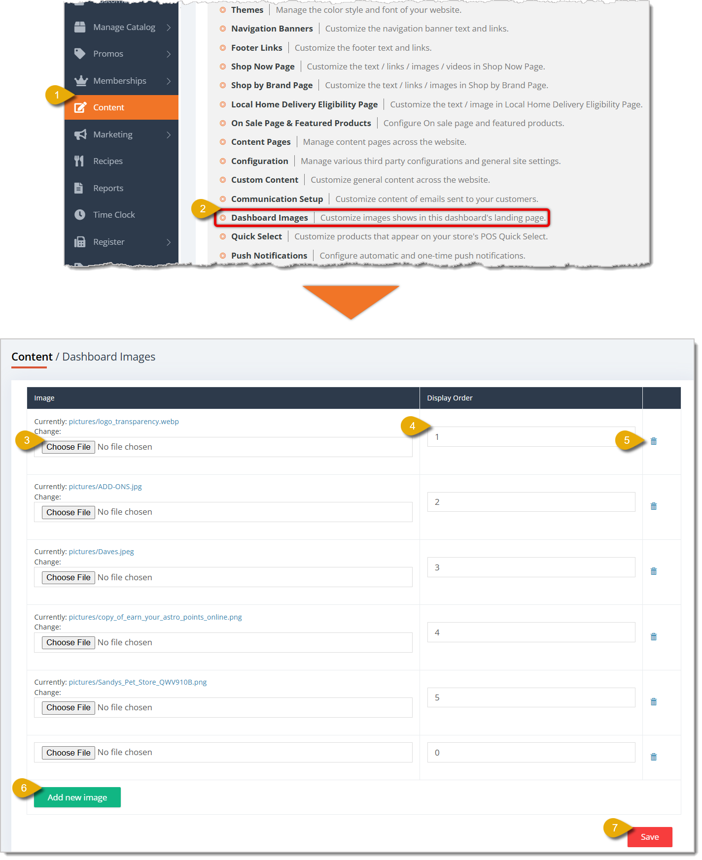 Image showing the steps to upload Dashboard Images in the eTailPet system.