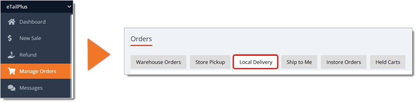 Image highlighting the Manage Orders tab of the main menu, and an arrow points to another image highlighting the Local Delivery tab.