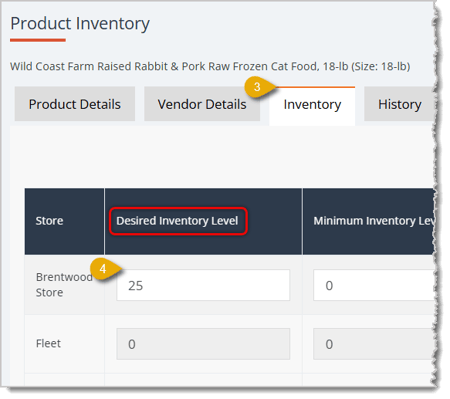 Image highlighting the Inventory tab and the Desired Inventory Level column in the table.