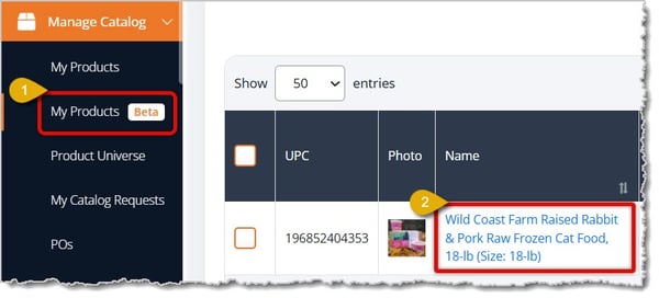 Image highlighting the My Products selection in the main menu and a clickable product name.