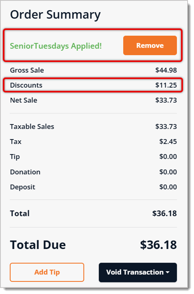 Image of an Order Summary in the eTailPet Payment Window. The promo code and the amount in Discounts are highlighted.