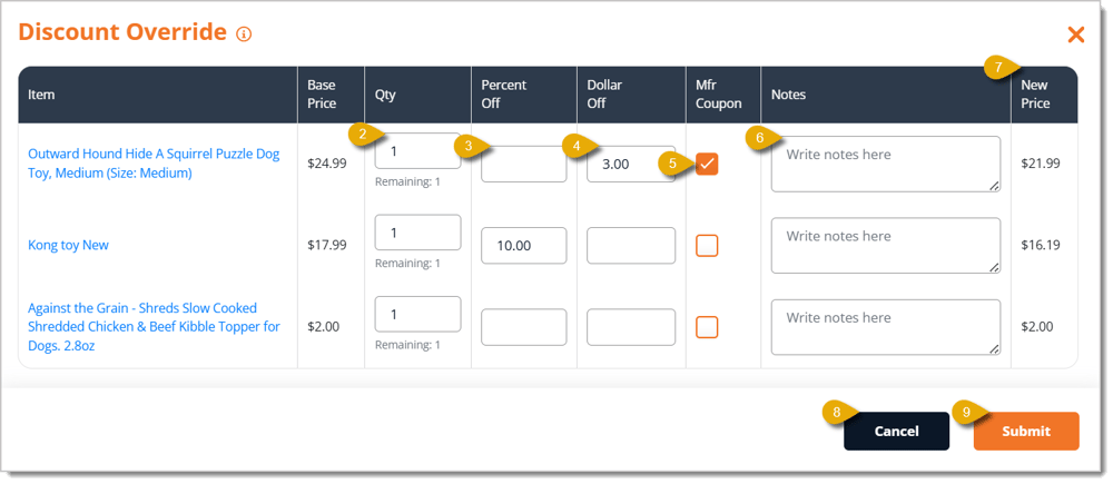 Image of the Discount Override window. Numbers in this image highlight functions of the window.