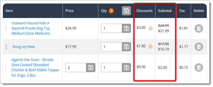 Image highlighting the Discounts column and the Subtotal column after applying Discount Override.