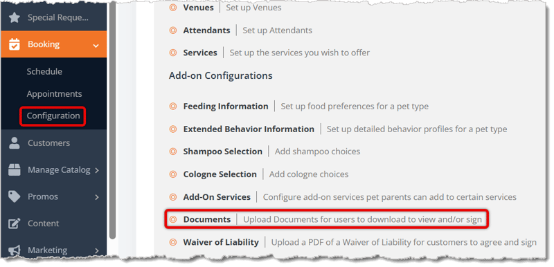 Image highlighting what to click on to access the Documents configuration page.