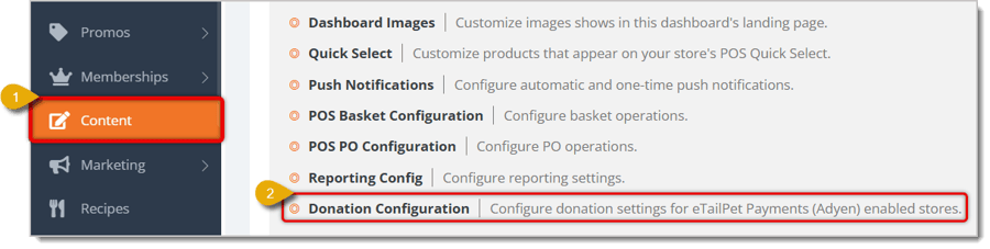 Image highlighting the Content option in the main menu and the Donation Configuration option in the Content area.