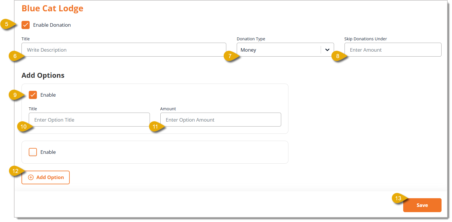 Image with numbers 5 to 13 highlighting the functions of the store donation configuration menu.