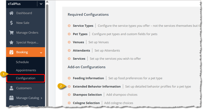 Image showing the Booking Configuration page with the Extended Behavior Information option highlighted under Add-on Configurations in the eTailPet system.