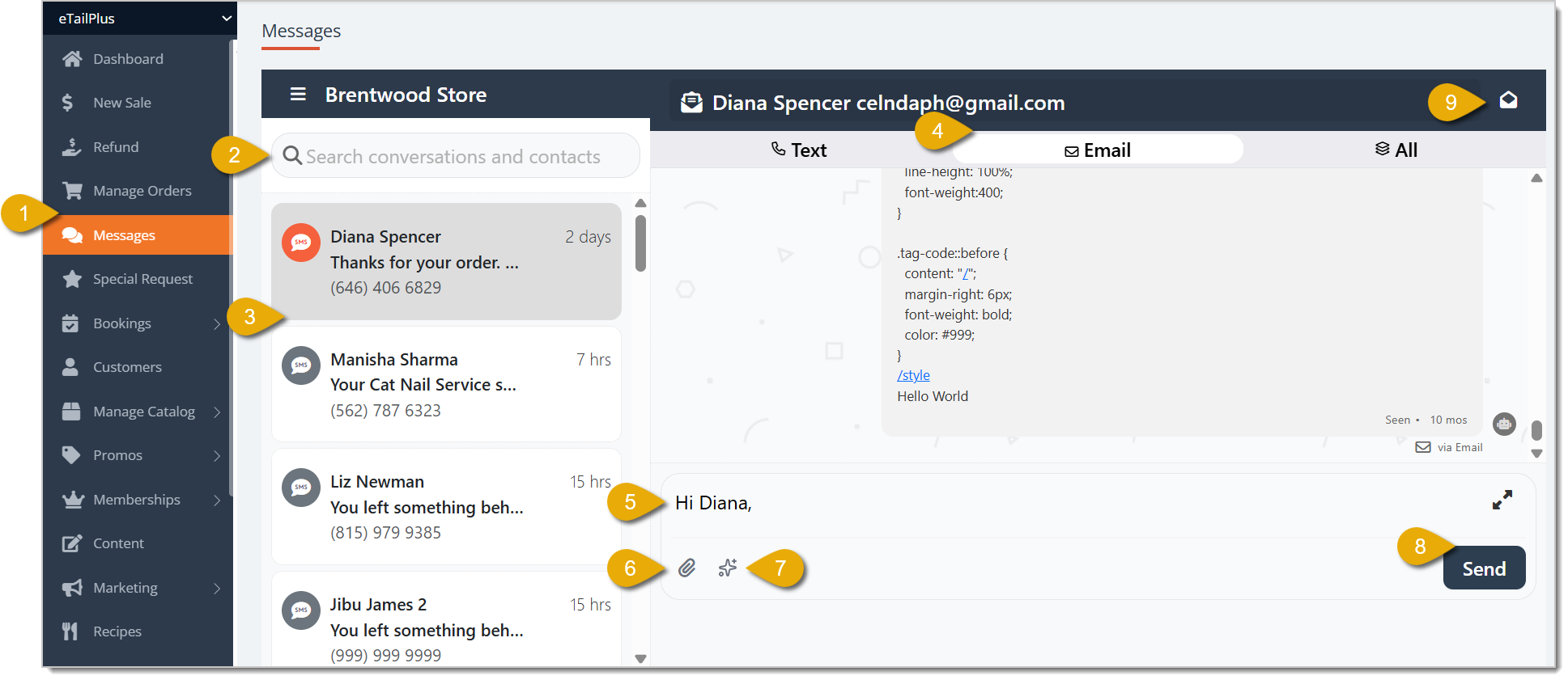Image showing how to compose marketing emails in the eTailPet system.
