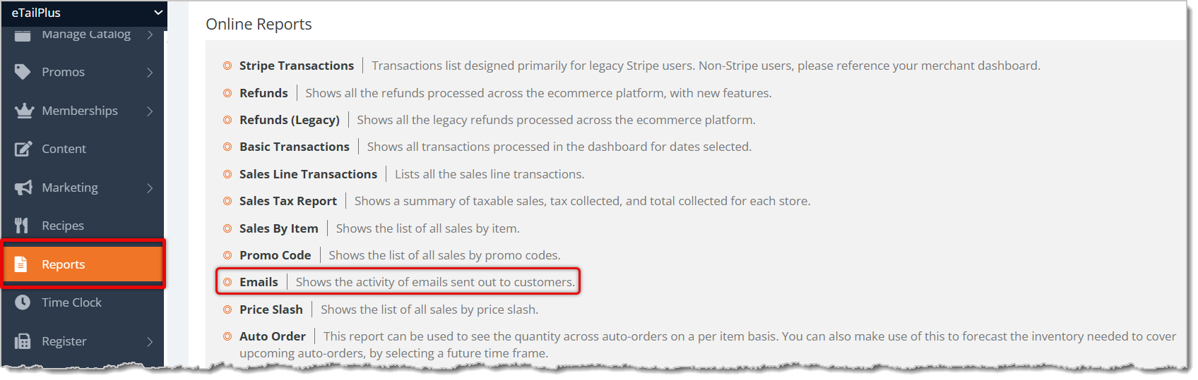 Image highlighting the Reports selection in the main menu and the Emails option in the Reports menu.