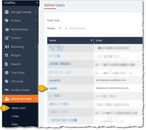 Image highlighting the Admin Users selection in the main menu and a clickable admin user name.