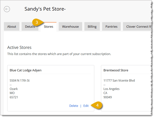Image highlighting the Stores tab and the Edit link for a store.