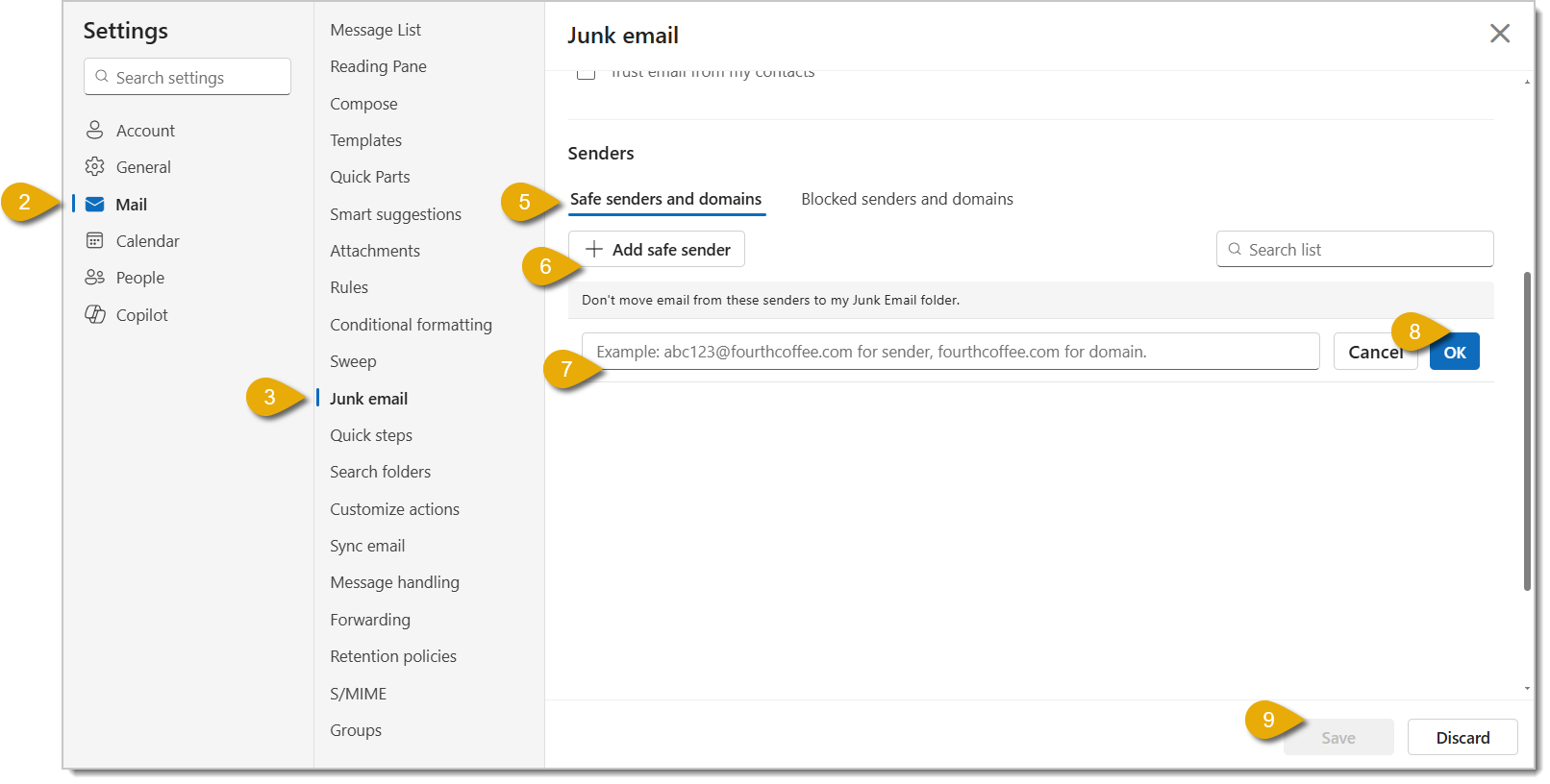 Image of the Settings window with selections to click on to mark a sender as safe in Outlook.