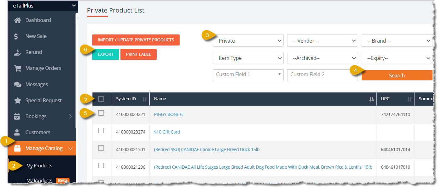 Image highlighting the steps to exporting product data for Private products in eTailPet.