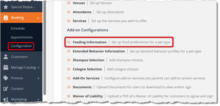 Image highlighting what to click on to reach the Feeding Information page.